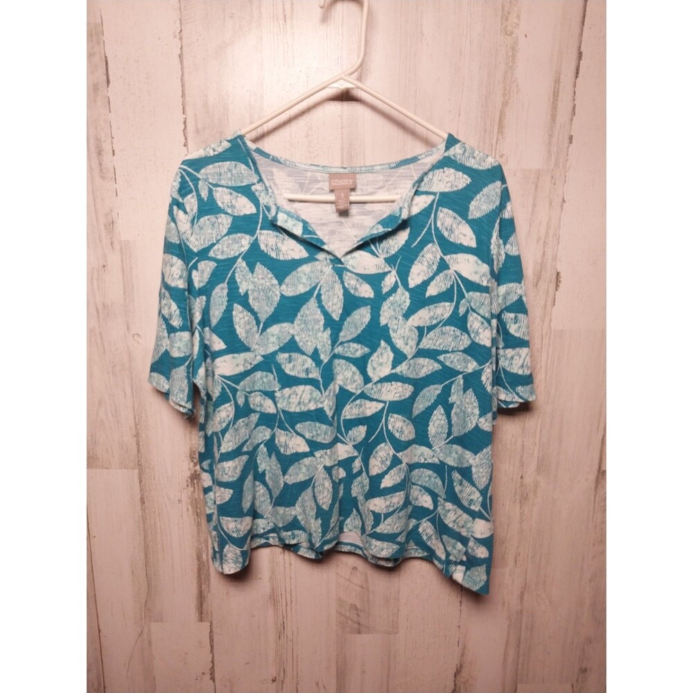 Chico's XL Blue Leaf Print Notched V Neck Short Sleeve Top